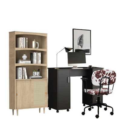 3 Pieces Home Office Furniture Sets-Black Writing Desk,Boho 5 Tier Bookshelf,Ayrshire Cow Pattern With Arms Chair