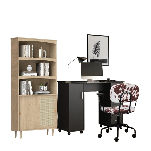 3 Pieces Home Office Furniture Sets-Black Writing Desk,Boho 5 Tier Bookshelf,Ayrshire Cow Pattern With Arms Chair