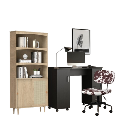 3 Pieces Home Office Furniture Sets-Black Writing Desk,Boho 5 Tier Bookshelf,Ayrshire Cow Pattern Without Arms Chair