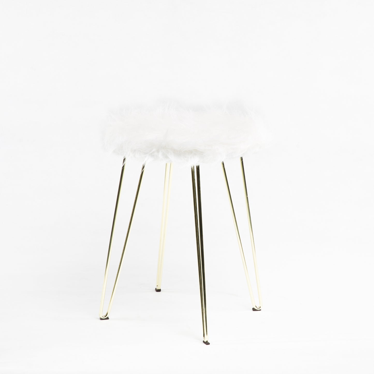 Foot Rest Metal Round Faux Fur Vanity Ottoman Stool with Golden Leg, WHITE