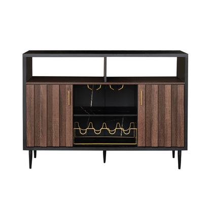 Modern Black Walnut and Wood Sideboard Buffet Cabinet with Wine Rack and Open Storage Shelves - Sleek and Stylish Dining Room Server