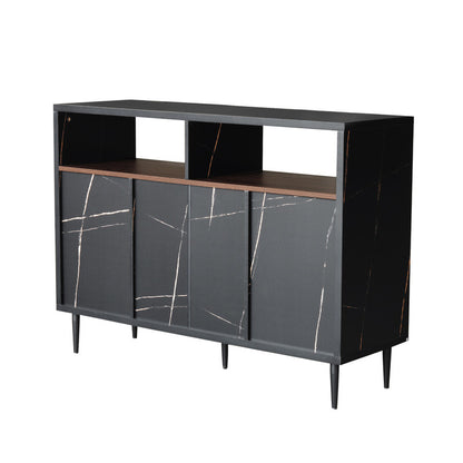 Modern Black Walnut and Wood Sideboard Buffet Cabinet with Wine Rack and Open Storage Shelves - Sleek and Stylish Dining Room Server