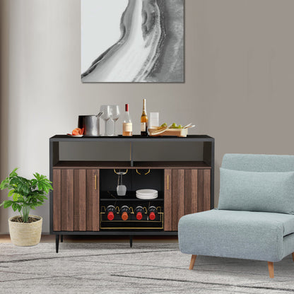 Modern Black Walnut and Wood Sideboard Buffet Cabinet with Wine Rack and Open Storage Shelves - Sleek and Stylish Dining Room Server