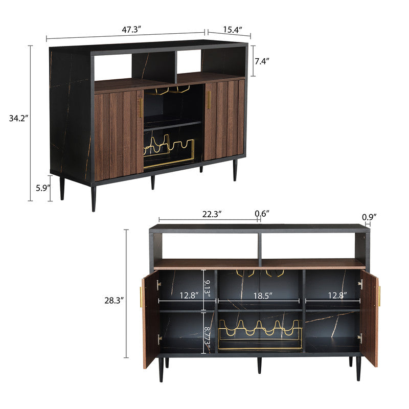 Modern Black Walnut and Wood Sideboard Buffet Cabinet with Wine Rack and Open Storage Shelves - Sleek and Stylish Dining Room Server