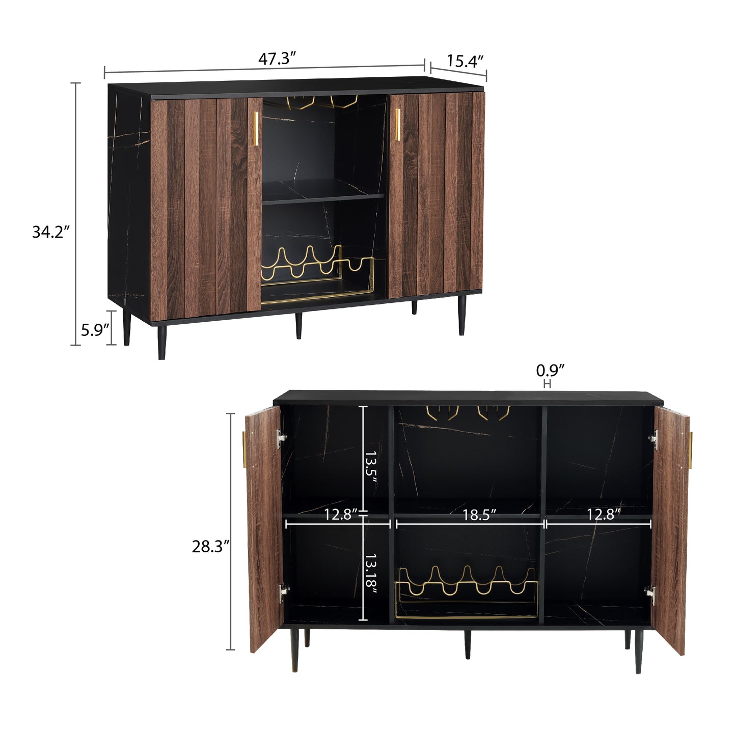 Modern Black Marble and Walnut Wood Bar Cabinet with Ample Storage - Sleek and Stylish Wine Cabinet for Dining Room or Living Room