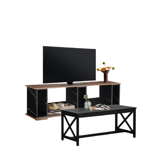 Living Room Table Set, Black Wood Coffee Table and 70-Inch TV Stand