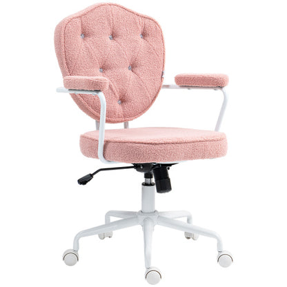 Cute Home Office Chair with Button Tufted Teddy Bear Fleece, Swivel Vanity Chair, Pink