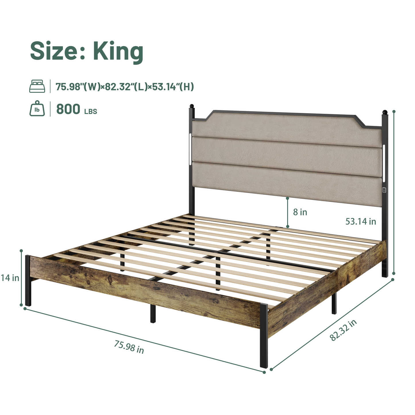 4 Pieces Bedroom Sets-Brown Queen Size Bed Frame with LED Light Charging Station ,2 Rattan Nightstands and Wood Bench