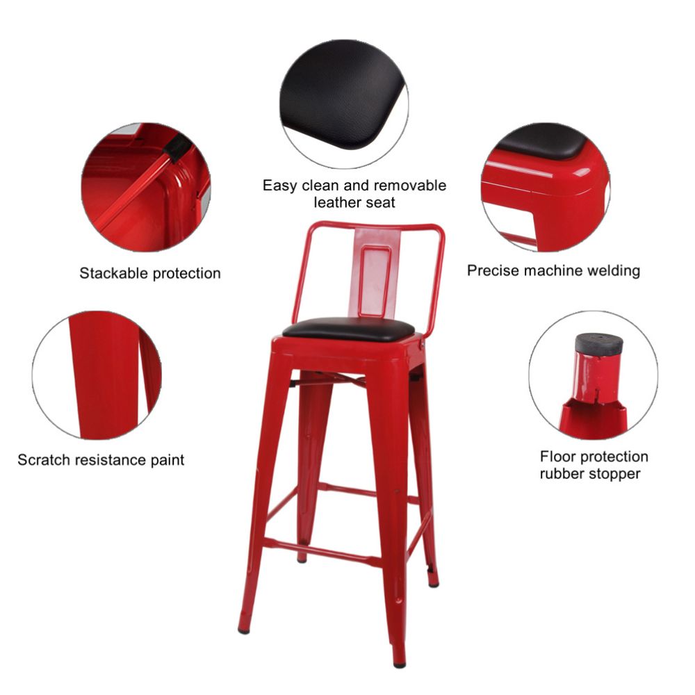 GIA 30 Inches High Back Salmon Red Metal Stool with Black PU Seat