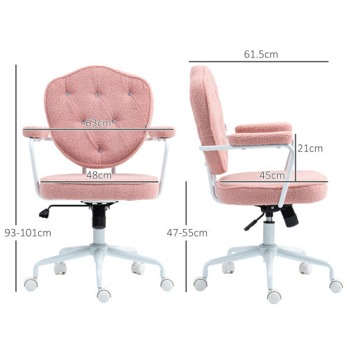 Cute Home Office Chair with Button Tufted Teddy Bear Fleece, Swivel Vanity Chair, Pink