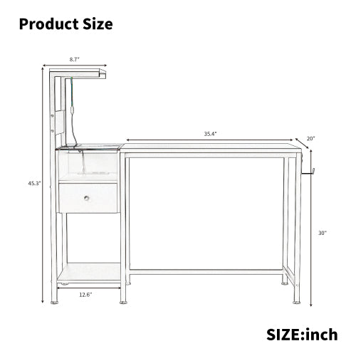 Storage Shelves, Study Writing Table with USB Ports Charging Station, Brown