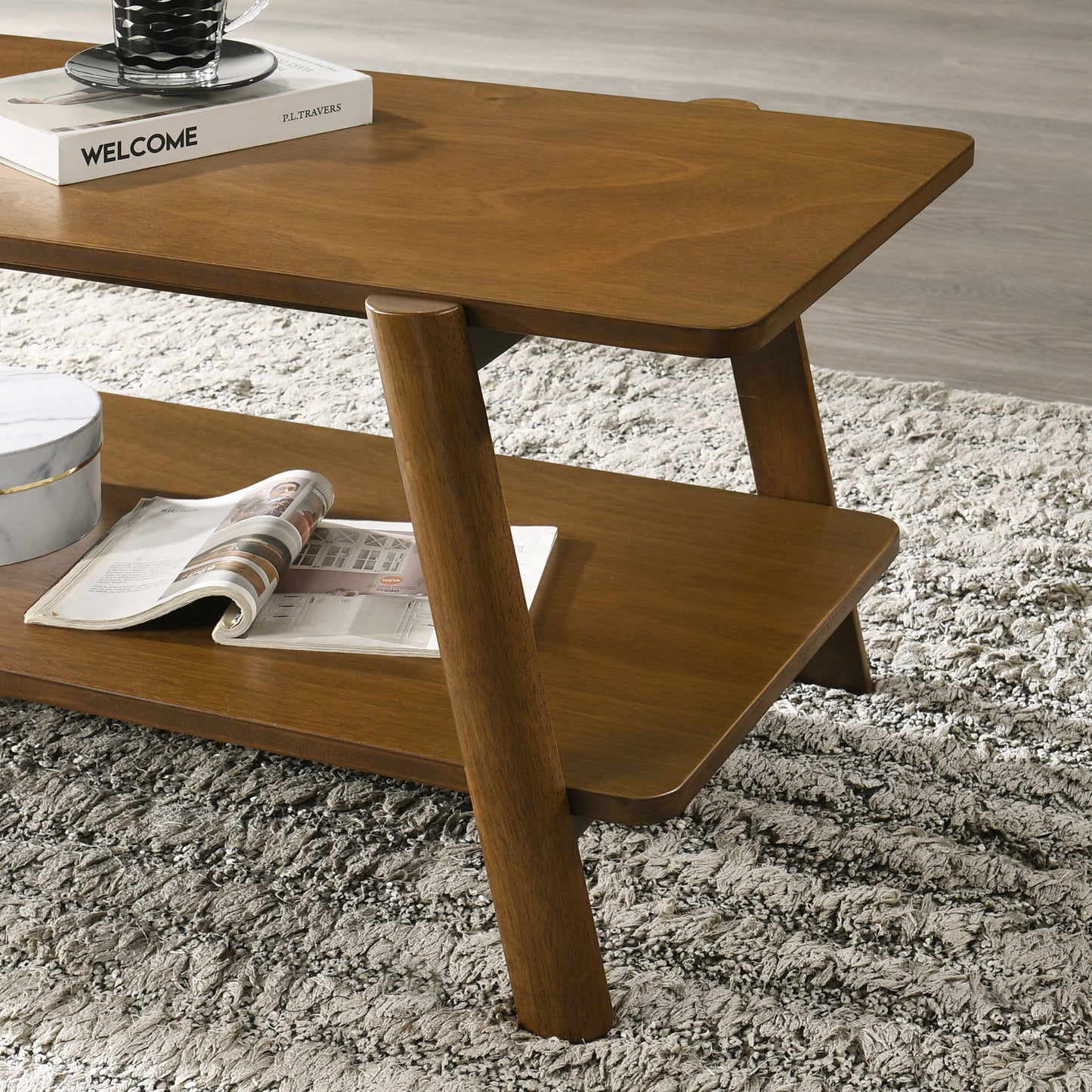 Metz Mid-Century Modern Wood Shelf Coffee Table, Walnut Finish