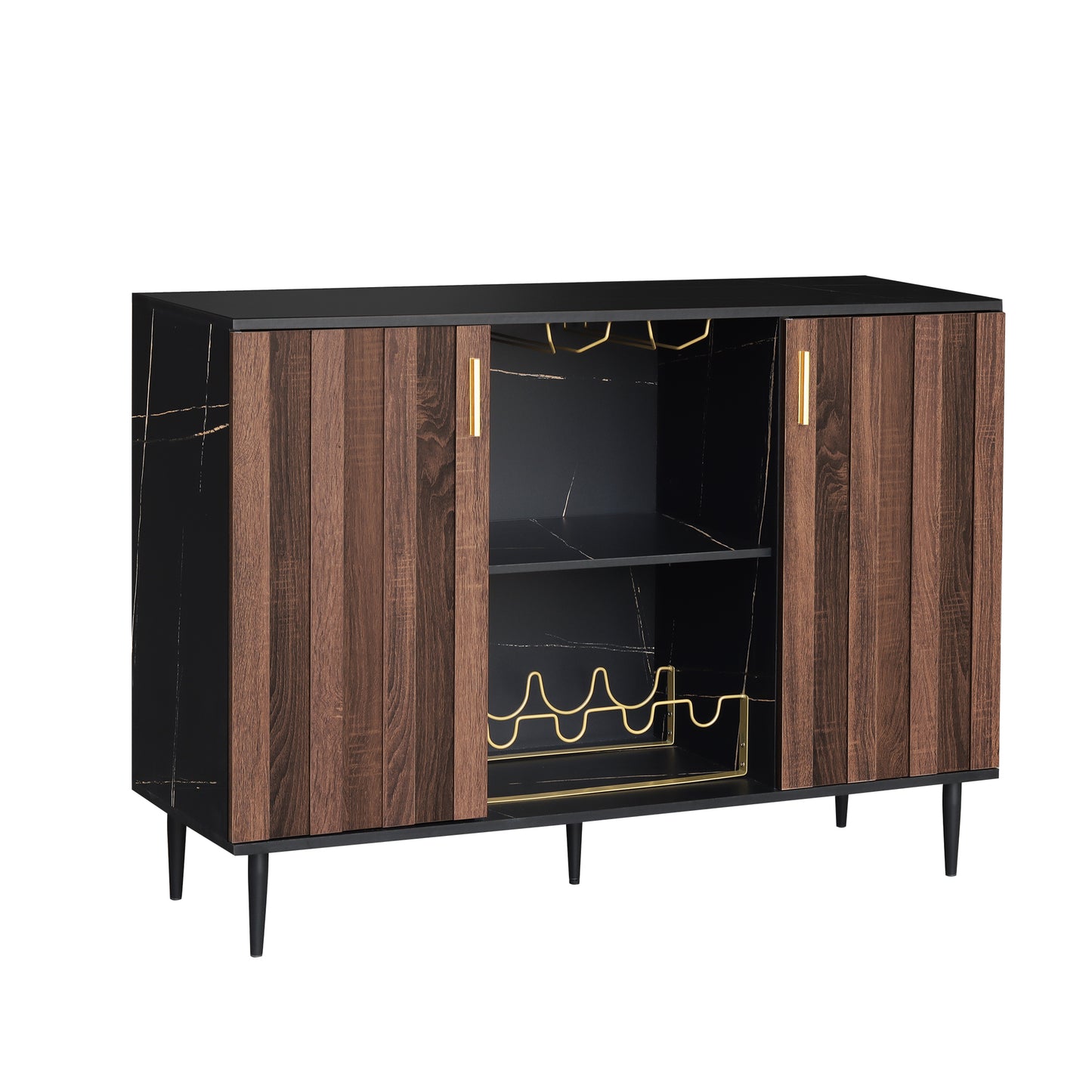 Modern Black Marble and Walnut Wood Bar Cabinet with Ample Storage - Sleek and Stylish Wine Cabinet for Dining Room or Living Room