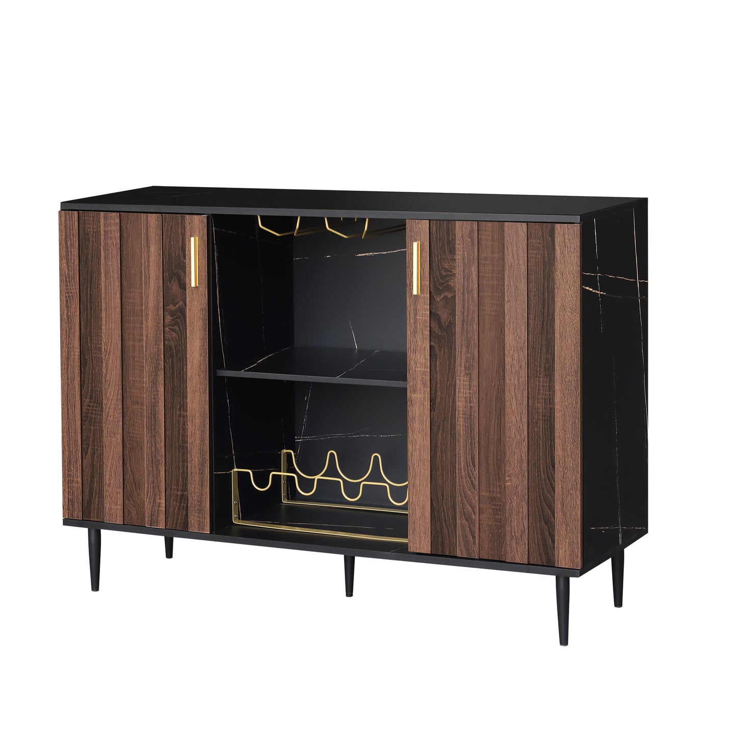 Modern Black Marble and Walnut Wood Bar Cabinet with Ample Storage - Sleek and Stylish Wine Cabinet for Dining Room or Living Room