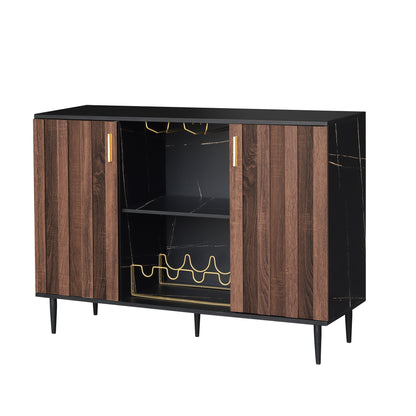 Modern Black Marble and Walnut Wood Bar Cabinet with Ample Storage - Sleek and Stylish Wine Cabinet for Dining Room or Living Room